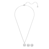 A full-length studio layout of the 2-piece Swarovski Una Angelic jewelry set, exhibiting the complete rhodium-plated chain holding the cushion-cut pendant alongside the matching square halo stud earrings.