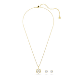 A full-length studio layout of the 2-piece Swarovski Magic jewelry set, displaying the entire length of the gold-finish chain holding the snowflake pendant alongside the matching round crystal studs.