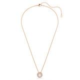 A full-length studio layout view of the Swarovski Sublima pendant necklace, exhibiting the complete fine link chain in an 18K rose gold finish supporting the round celestial pavé pendant.