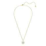 A full-length studio layout view of the Swarovski Una Angelic pendant necklace, exhibiting the complete fine link chain in an 18K gold finish supporting the square halo crystal pendant.