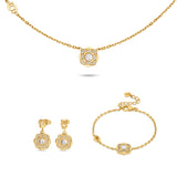 Cerruti 1881 Jasmine jewelry set featuring a gold-plated flower motif pendant necklace alongside matching crystal-centered flower stud earrings.