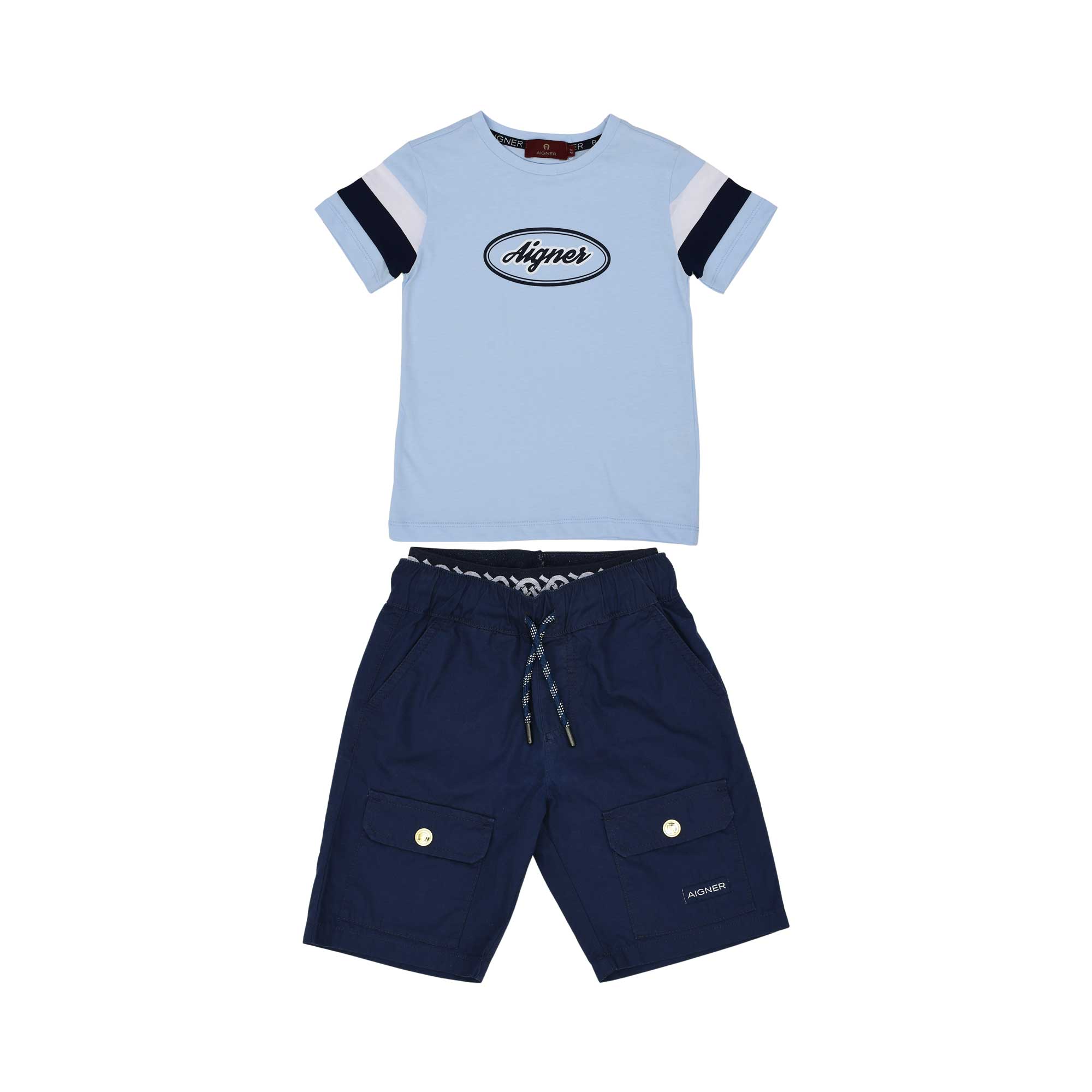 Full Set front View of the Aigner Kids boys blue t-shirt navy bermuda shorts. Order Now Online. 