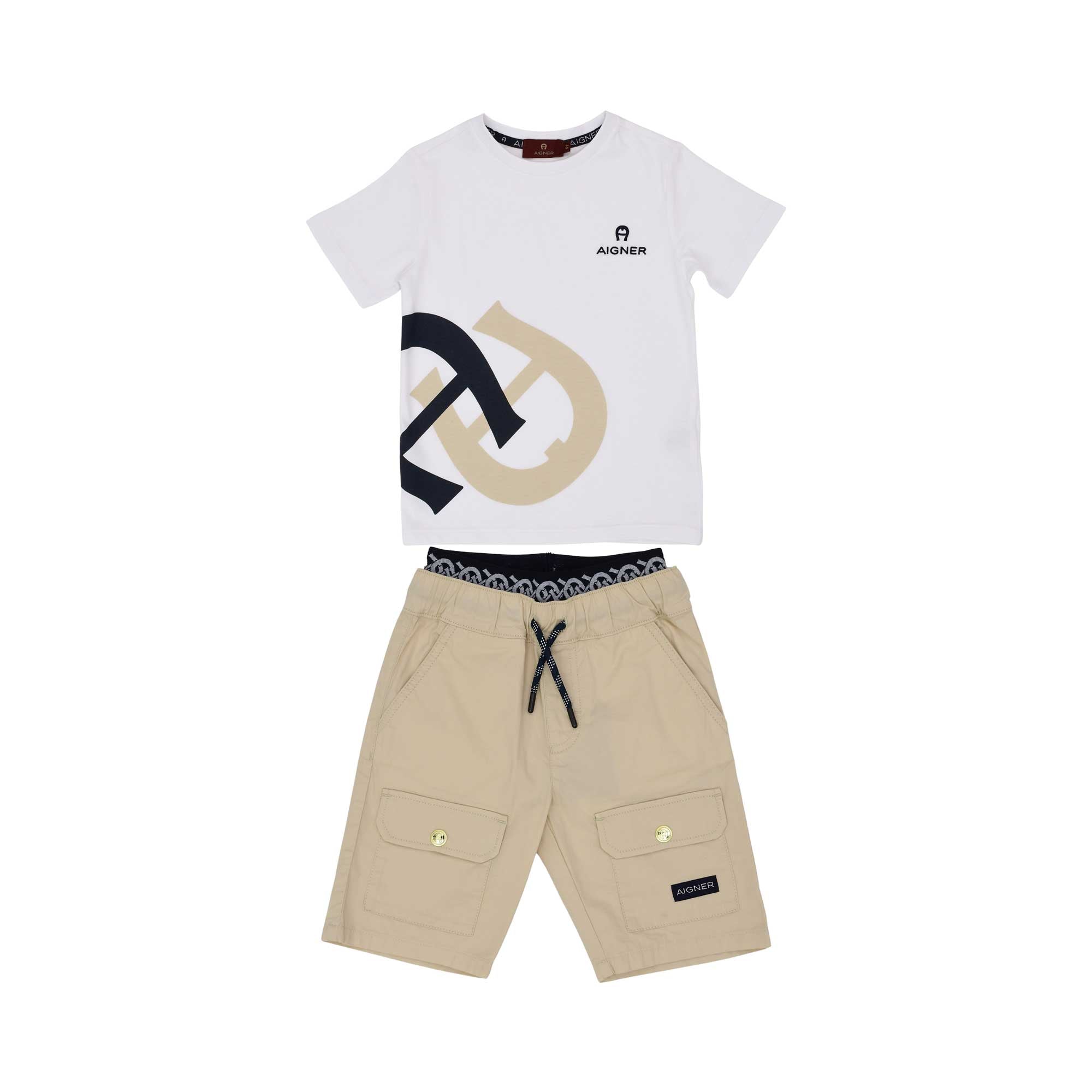 Full Set front View of the Aigner Kids boys white t-shirt beige cargo bermuda set. Shop the Collection Online