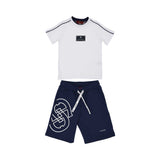 Full Set front View of the Aigner Kids boys white t-shirt navy bermuda shorts set. Shop Now Online