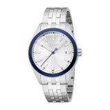 Front studio shot of the Esprit Logan men's stainless steel watch, showcasing the dark blue bezel, silver dial with date window, and silver index markers.