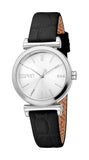 Front studio layout view of the Esprit Paisley women's watch, showcasing the silver sunray dial with crystal index accents and the black textured leather strap.