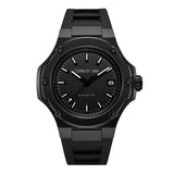 Full front view layout of the all-black Cerruti 1881 Lucardo men's sports watch, showing the minimalist black dial and textured black rubber strap.