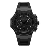 Full front view layout of the all-black Cerruti 1881 Lucardo men's sports watch, showing the chronograph subdials and textured black rubber strap.