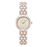 Full studio layout view of the Cerruti 1881 Lusia women's two-tone rose gold and silver stainless steel watch, showcasing the crystal pavé bezel and dark beige dial.