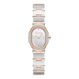 Full studio layout view of the 19mm Cerruti 1881 Aosta women's two-tone rose gold and silver stainless steel watch, showcasing the crystal pavé bezel and iridescent white MOP dial.