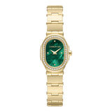 Full studio layout view of the 19mm Cerruti 1881 Aosta women's yellow gold-plated stainless steel watch, showcasing the crystal pavé bezel and iridescent green MOP dial.
