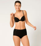 Full front view of model wearing the Sloggi Basic+ black maxi panties, showing the full-coverage cut and soft cotton texture. Available Online Today