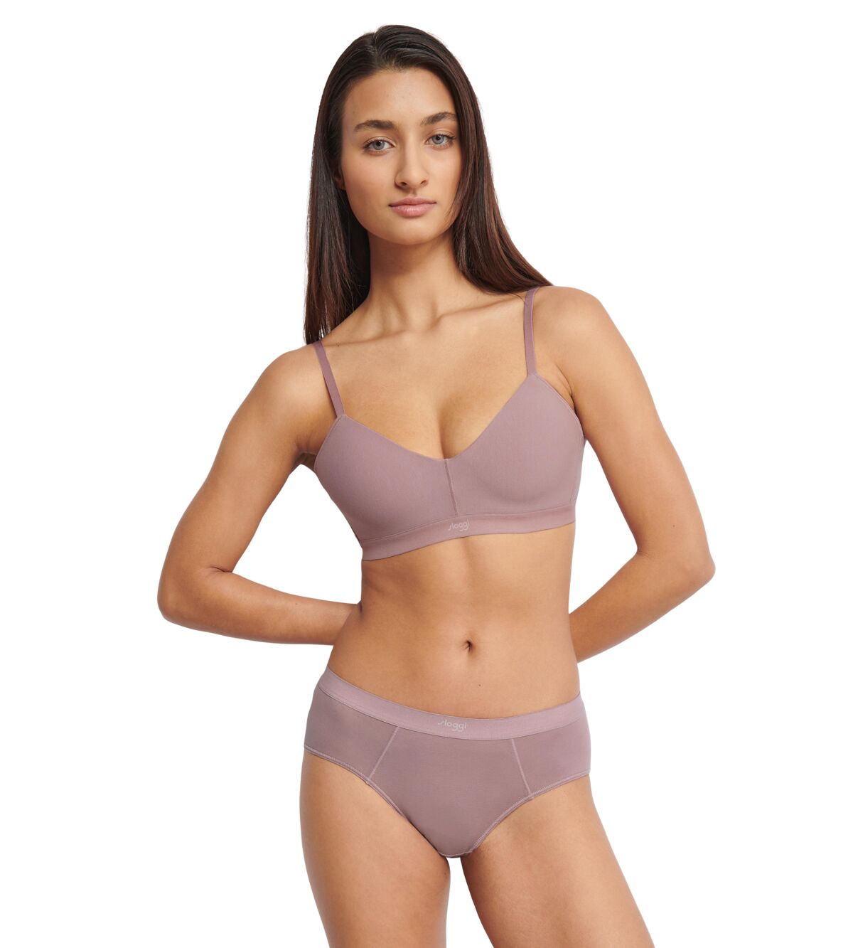 Full front view of model wearing the Sloggi Ever Ease light purple padded bra, showing the smooth cups and comfortable wire-free design. Now Available Online