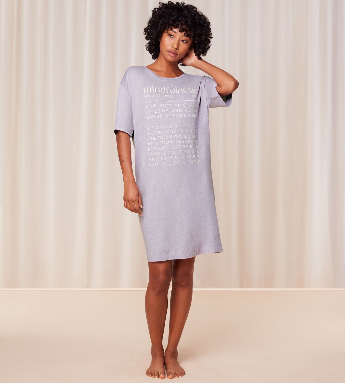 Full front view of model wearing the Triumph light purple short sleeve nightdress, showing the relaxed fit and soft-touch jersey fabric. Order Online Today