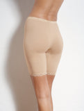 Full length back view of the Sloggi Basic+ beige long panty, highlighting the smooth cotton fabric and mid-thigh length. Find Now Online