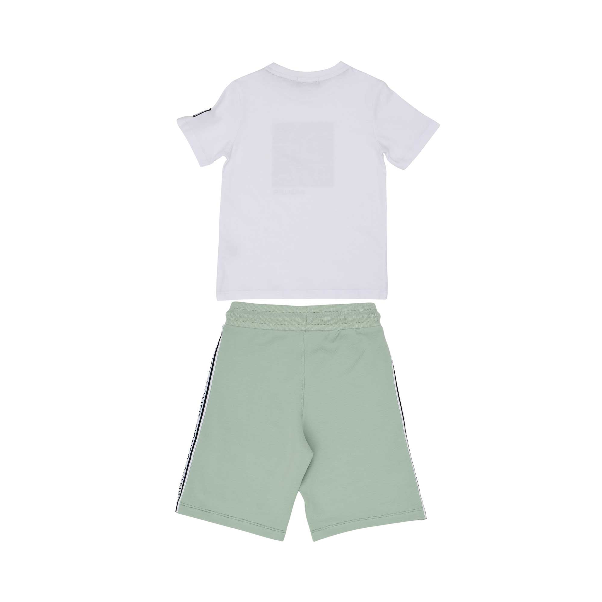 Full set Back view of the Aigner Kids boys white t-shirt green bermuda shorts set cotton outfit Shop the Latest Online