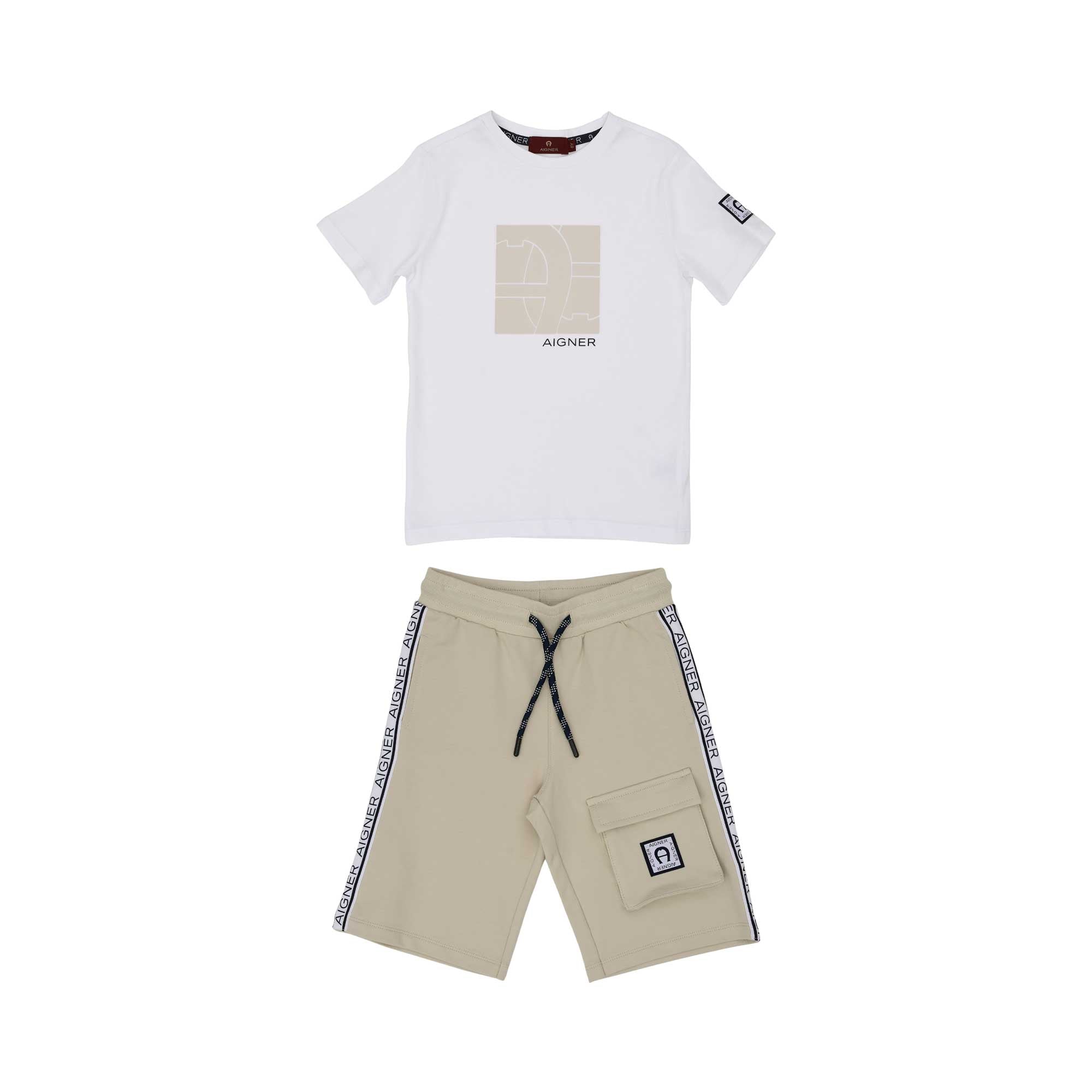 Full set Front view of the Aigner Kids boys white t-shirt beige bermuda shorts set cotton outfit Shop the Latest Online