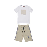 Full set Front view of the Aigner Kids boys white t-shirt beige bermuda shorts set cotton outfit Shop the Latest Online