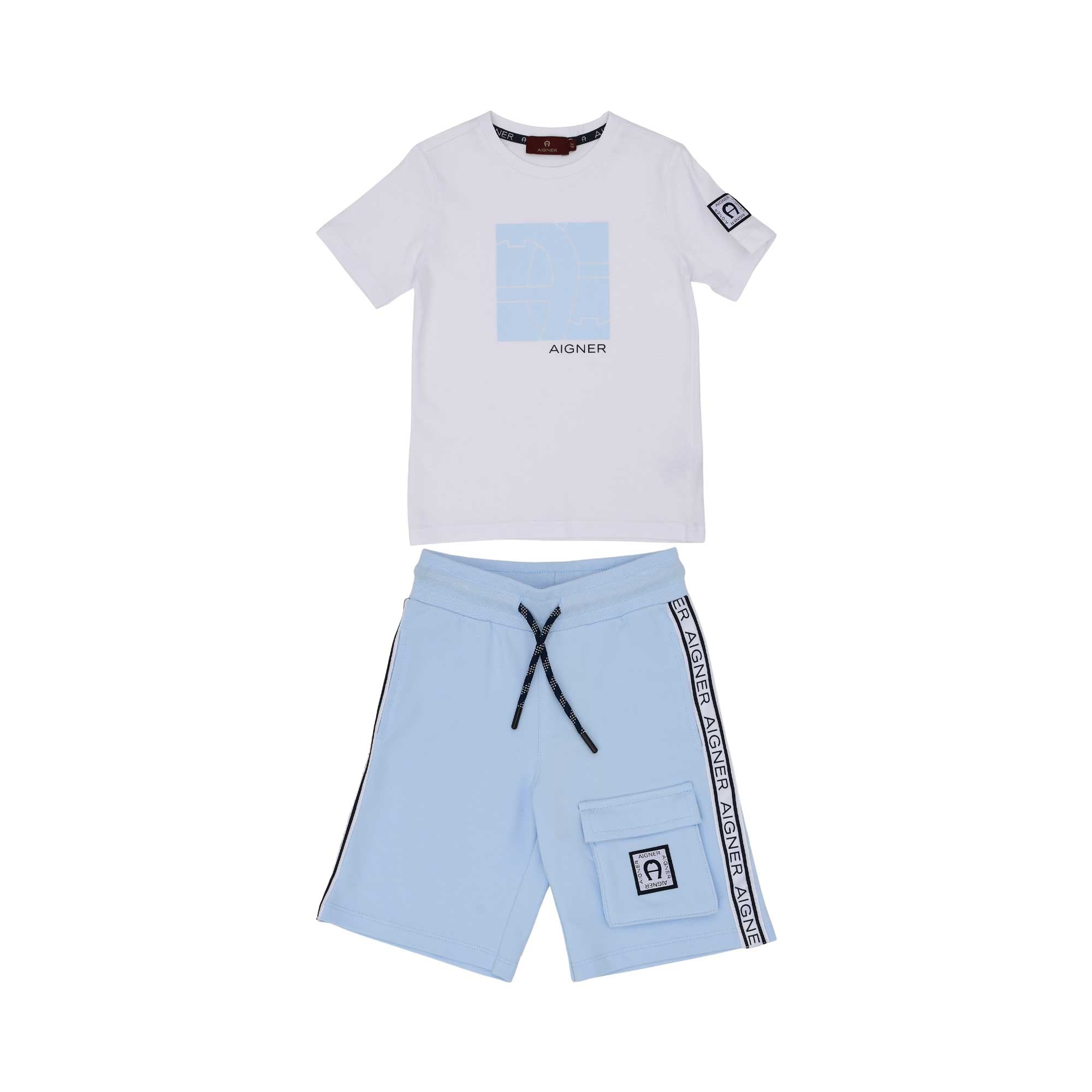 Full set Front view of the Aigner Kids boys white t-shirt blue bermuda shorts set cotton outfit Shop the Latest Online