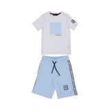 Full set Front view of the Aigner Kids boys white t-shirt blue bermuda shorts set cotton outfit Shop the Latest Online