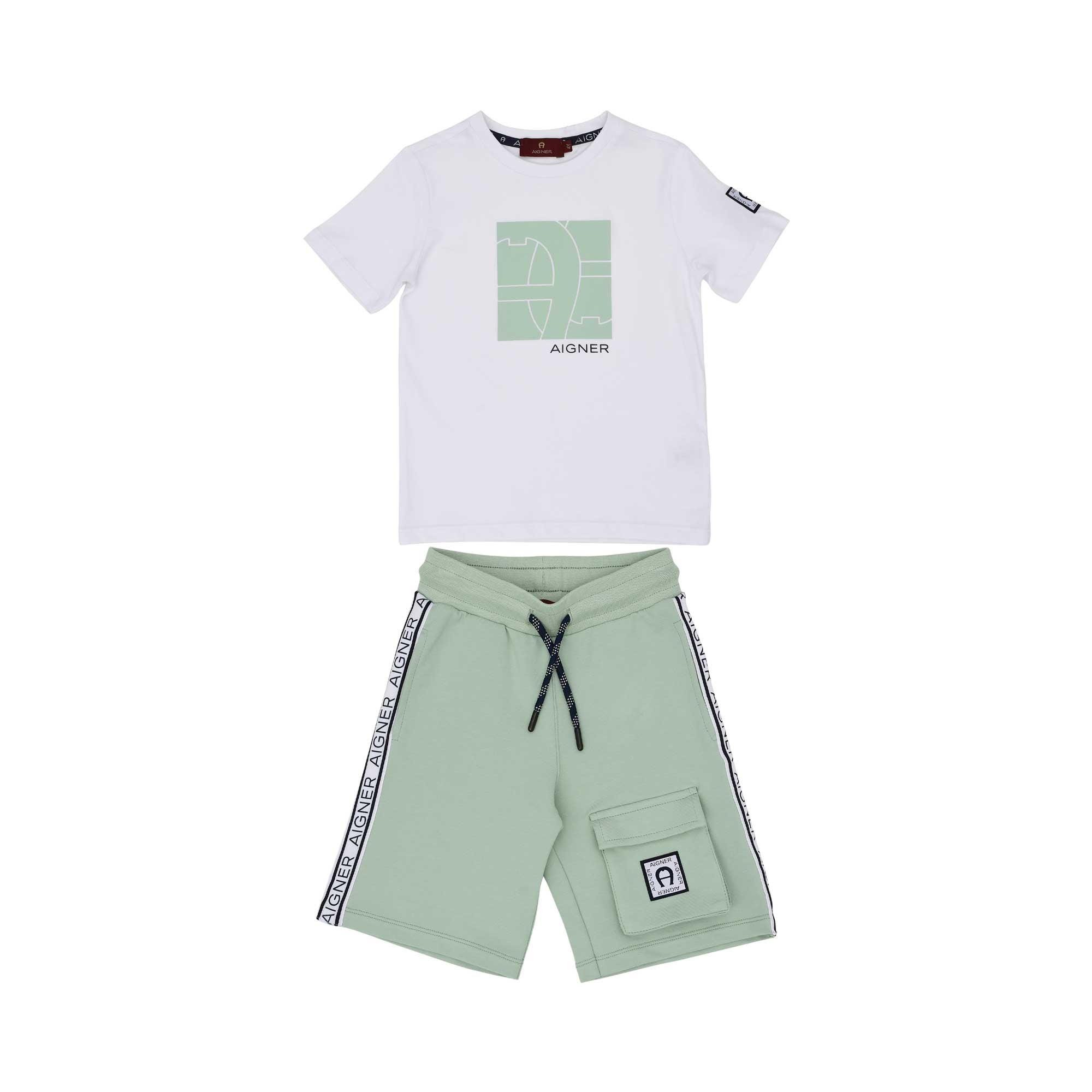 Full set Front view of the Aigner Kids boys white t-shirt green bermuda shorts set cotton outfit Shop the Latest Online