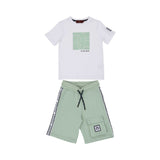Full set Front view of the Aigner Kids boys white t-shirt green bermuda shorts set cotton outfit Shop the Latest Online