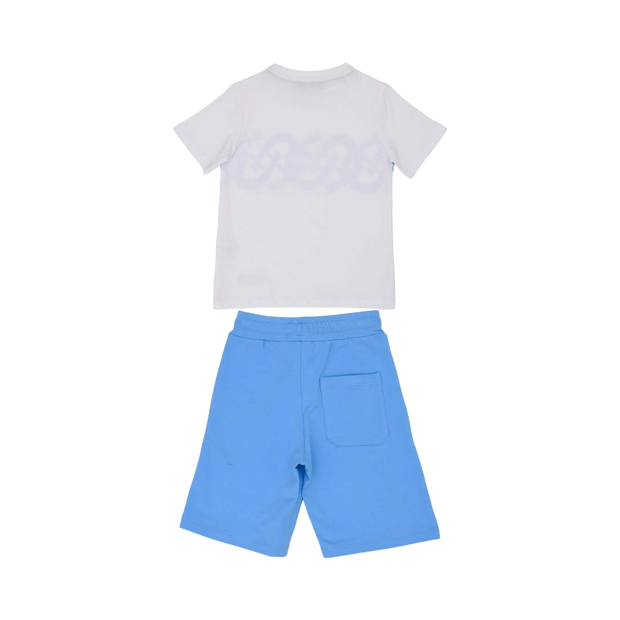 Full set back view of the Aigner Kids boys t-shirt bermuda set white blue logo outfit. Available Online