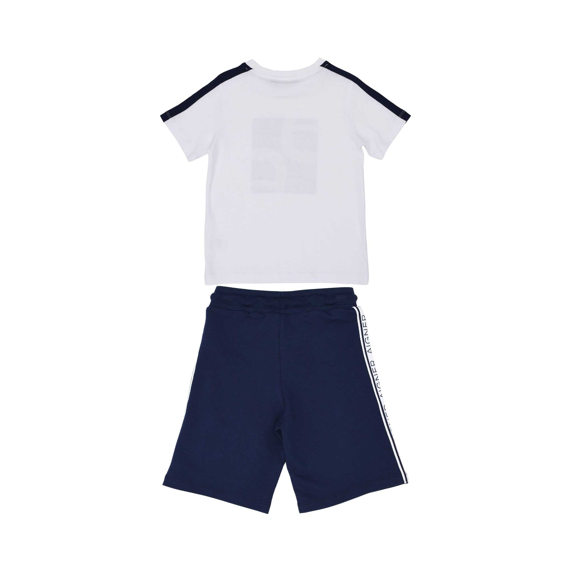 Full set back view of the Aigner Kids boys white logo t-shirt navy bermuda shorts. Now Available Online