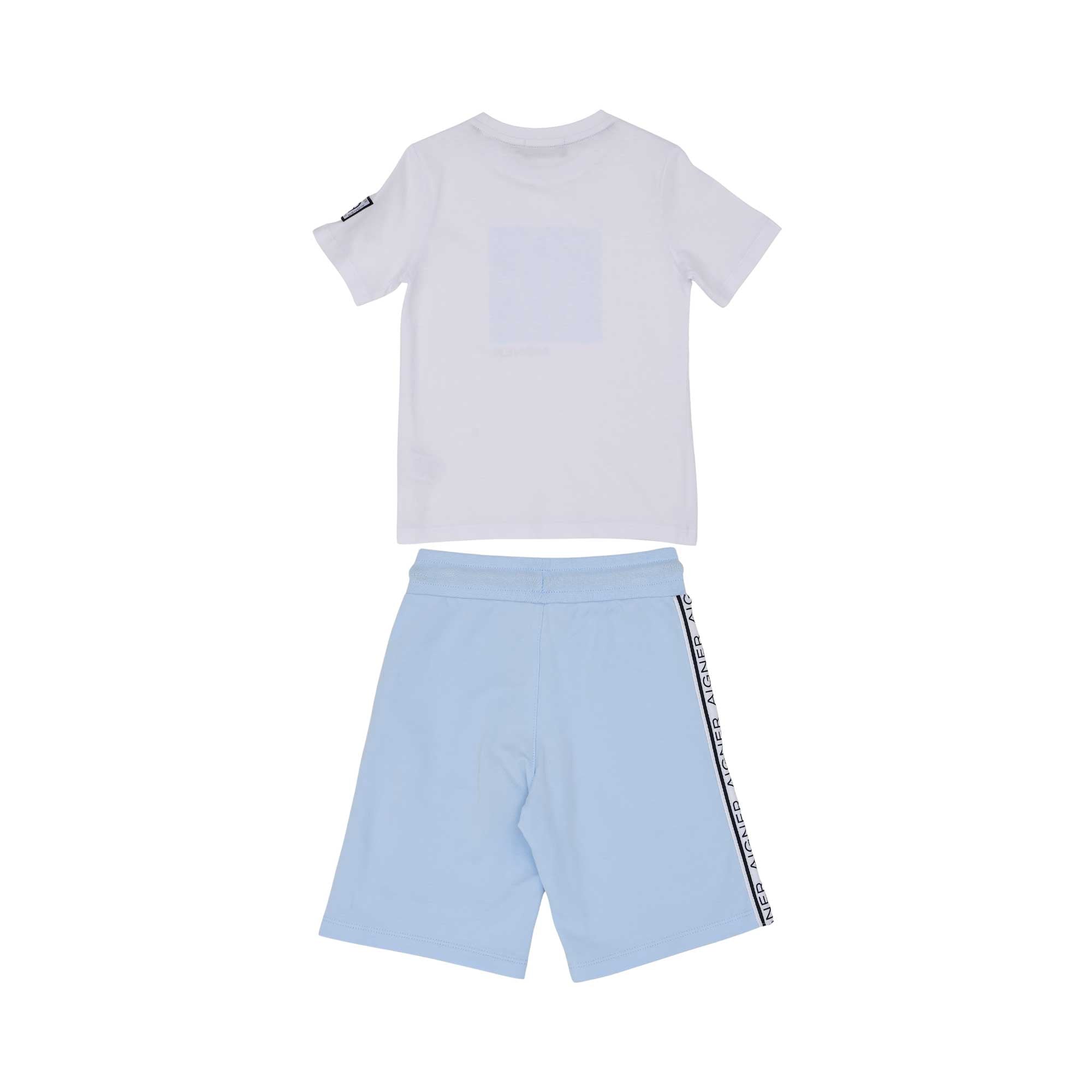 Full set back view of the Aigner Kids boys white t-shirt blue bermuda shorts set cotton outfit Shop the Latest Online