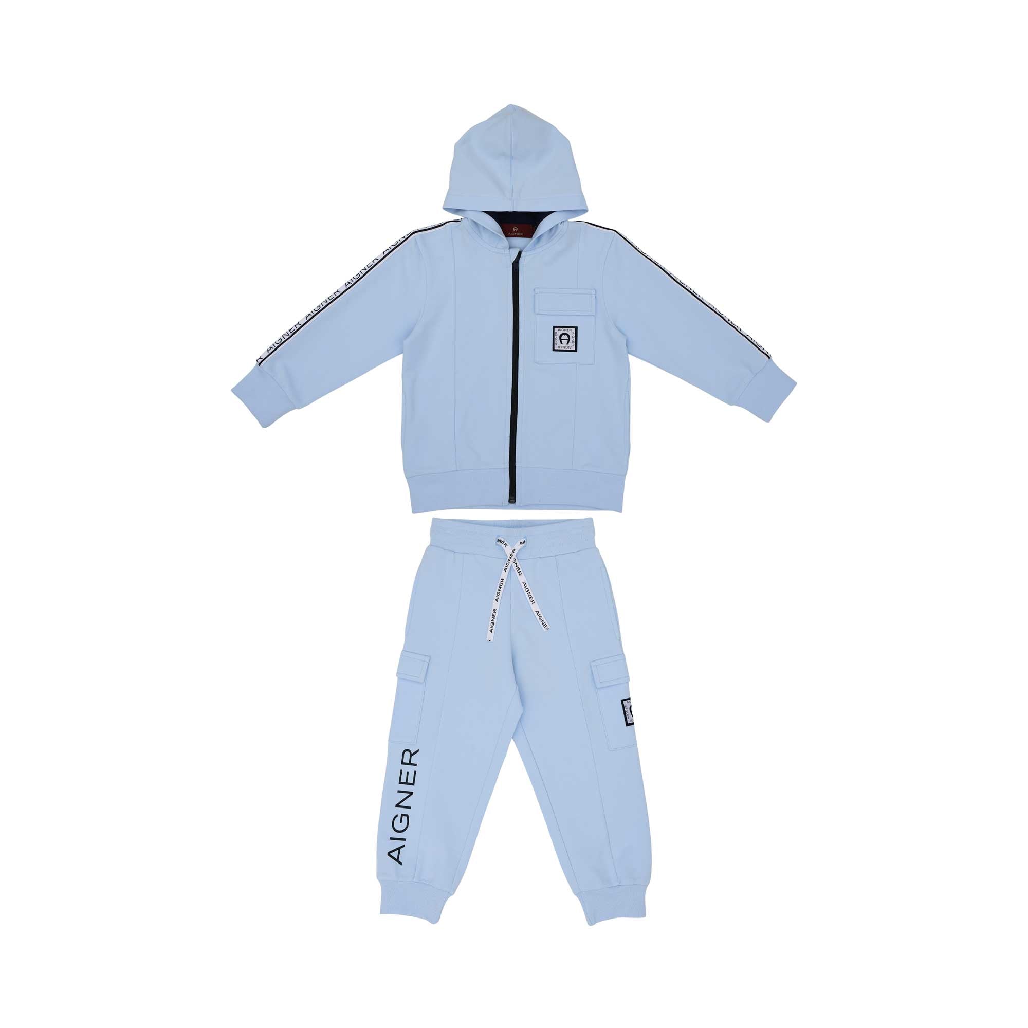 Full set front view of the Aigner Kids boys blue logo tape  jogging suit. Shop the Collection Online.