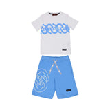 Full set front view of the Aigner Kids boys t-shirt bermuda set white blue logo outfit. Available Online