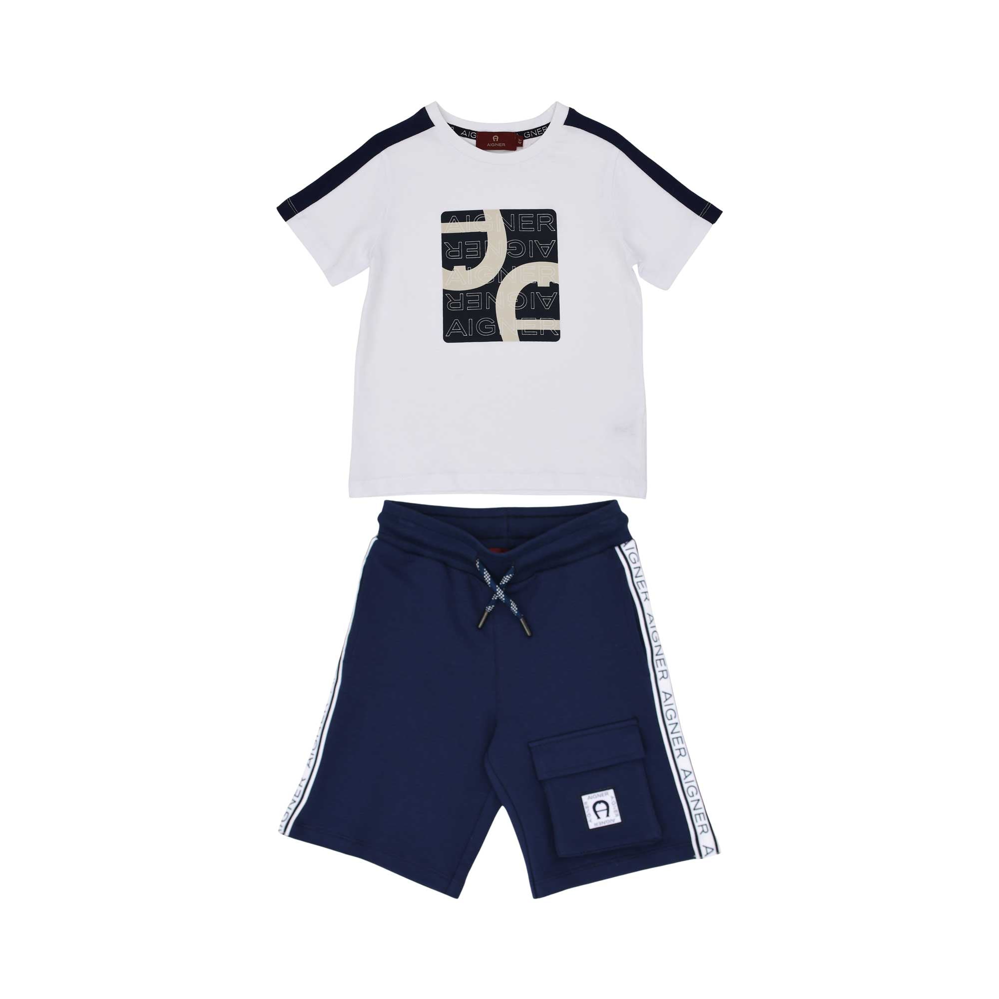 Full set front view of the Aigner Kids boys white logo t-shirt navy bermuda shorts. Now Available Online