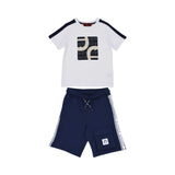 Full set front view of the Aigner Kids boys white logo t-shirt navy bermuda shorts. Now Available Online
