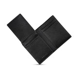 A top-down studio shot of the wallet fully opened in its trifold position, showcasing the expanding third vertical card panel that maximizes storage capacity.