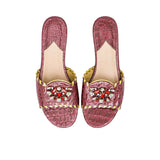 Direct overhead view of GAIA Maron leather sandals featuring prominent jeweled accents on the straps from BLUE SALON.