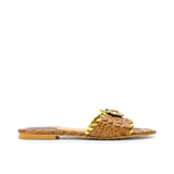 Side view of a GAIA Brown croc-embossed flat sandal with gold trim and a crystal-embellished strap from BLUE SALON.