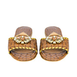 Front view of a pair of GAIA Brown flat sandals showcasing jeweled straps with red and white crystals from BLUE SALON.