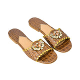Angled top view of GAIA Brown embellished slip-on sandals highlighting the textured leather design from BLUE SALON.
