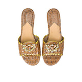 Direct overhead view of GAIA Brown leather sandals featuring prominent jeweled accents on the straps from BLUE SALON.
