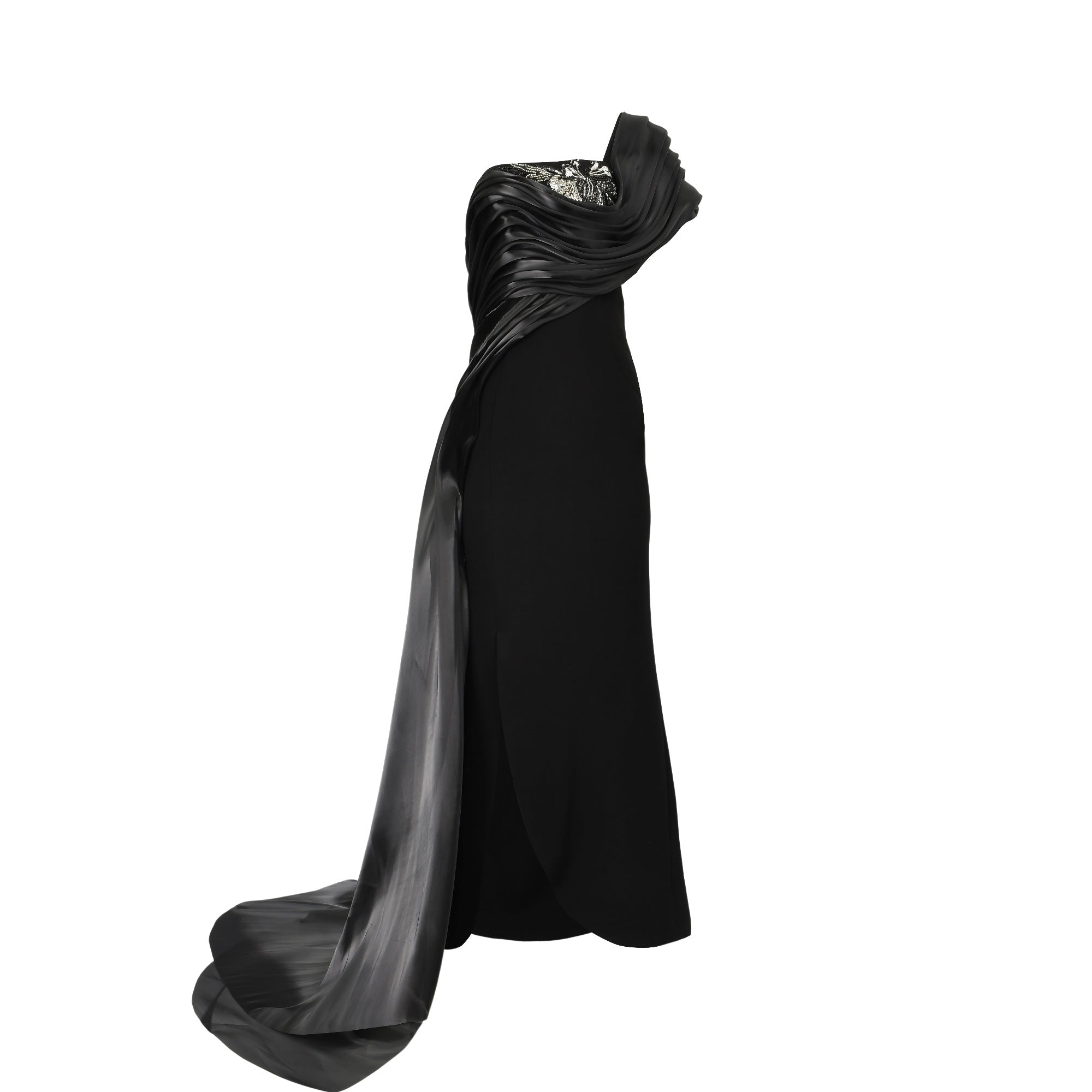 Black strapless gown with a ruched satin bodice, silver-toned embellishments, and a long, flowing satin train.