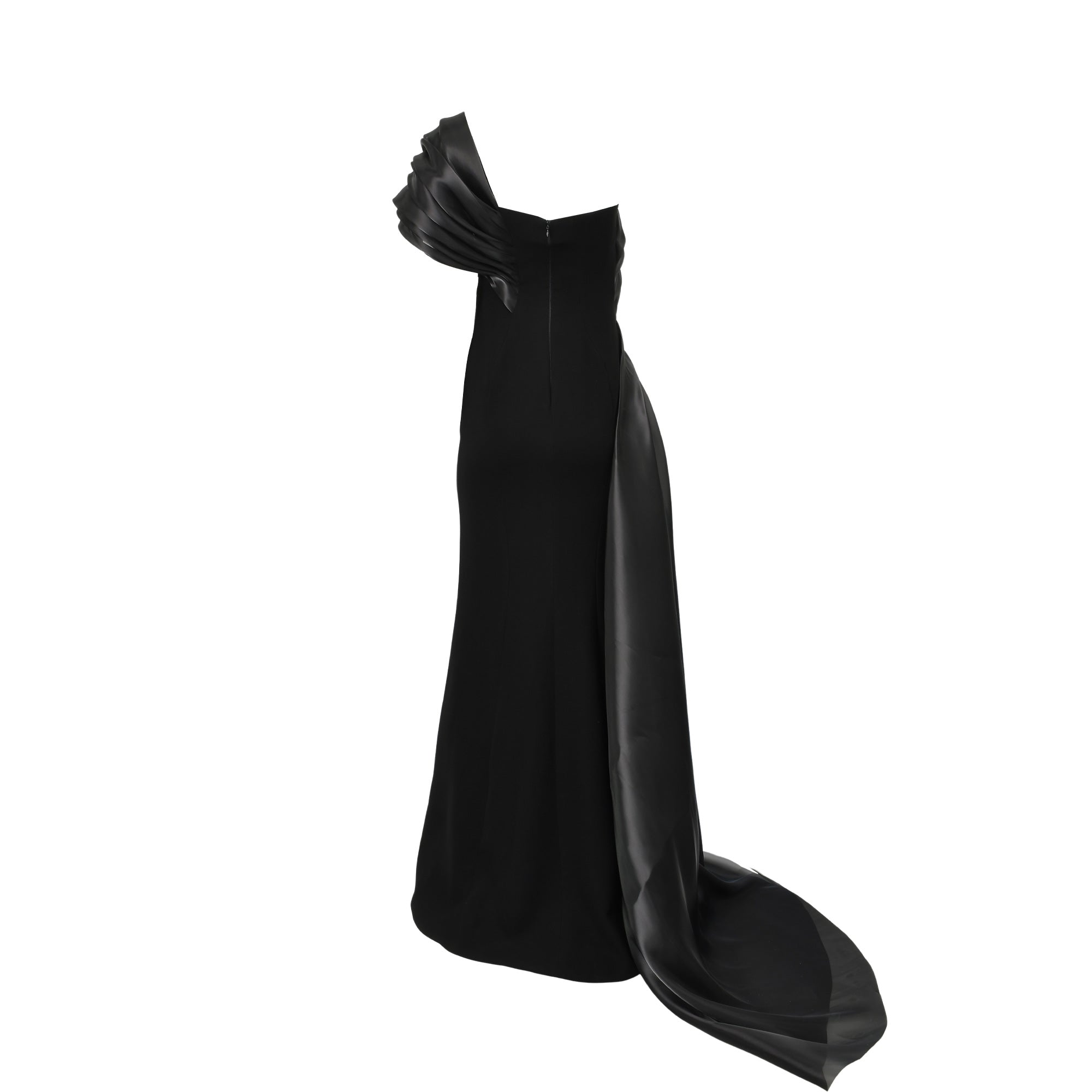 Black one-shoulder gown with a draped satin detail on the left shoulder and a long, flowing satin train on the right.