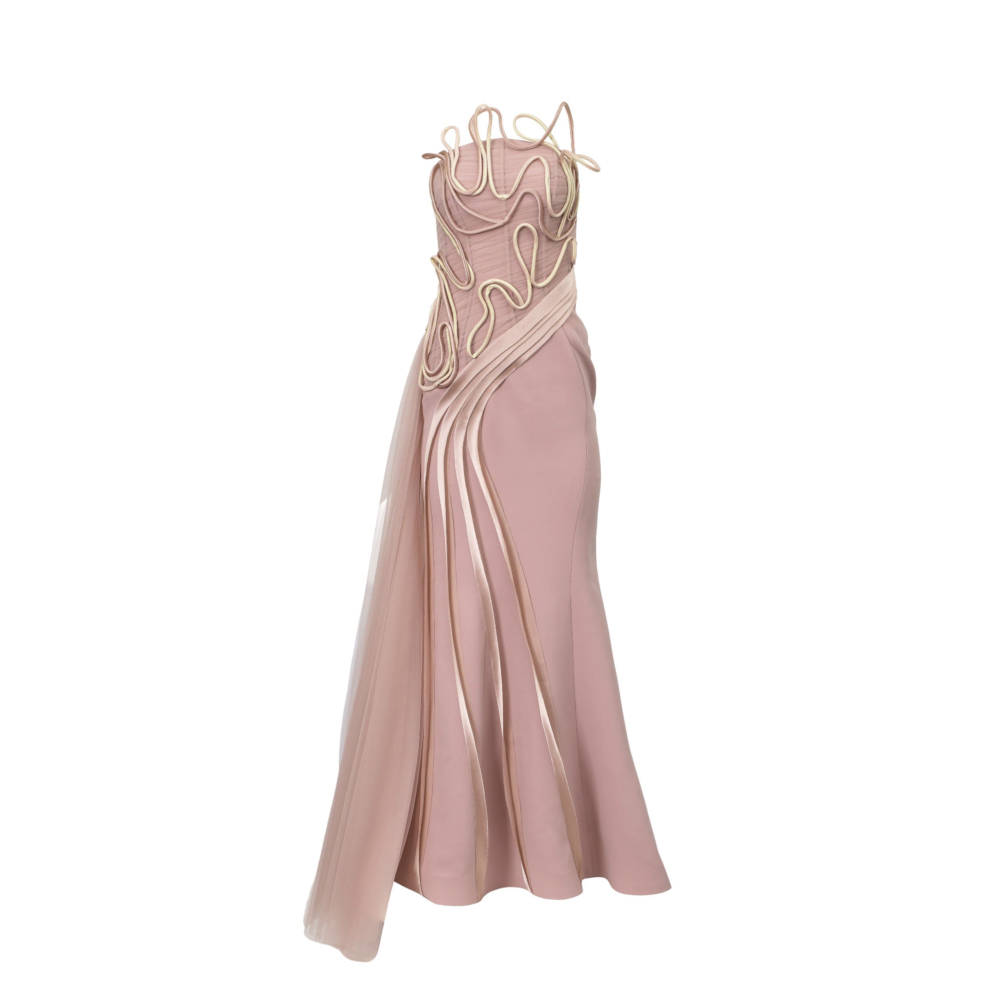 Pink strapless gown with gold-toned wavy trim on the bodice and left side, vertical pleats, and a sheer flowing panel.