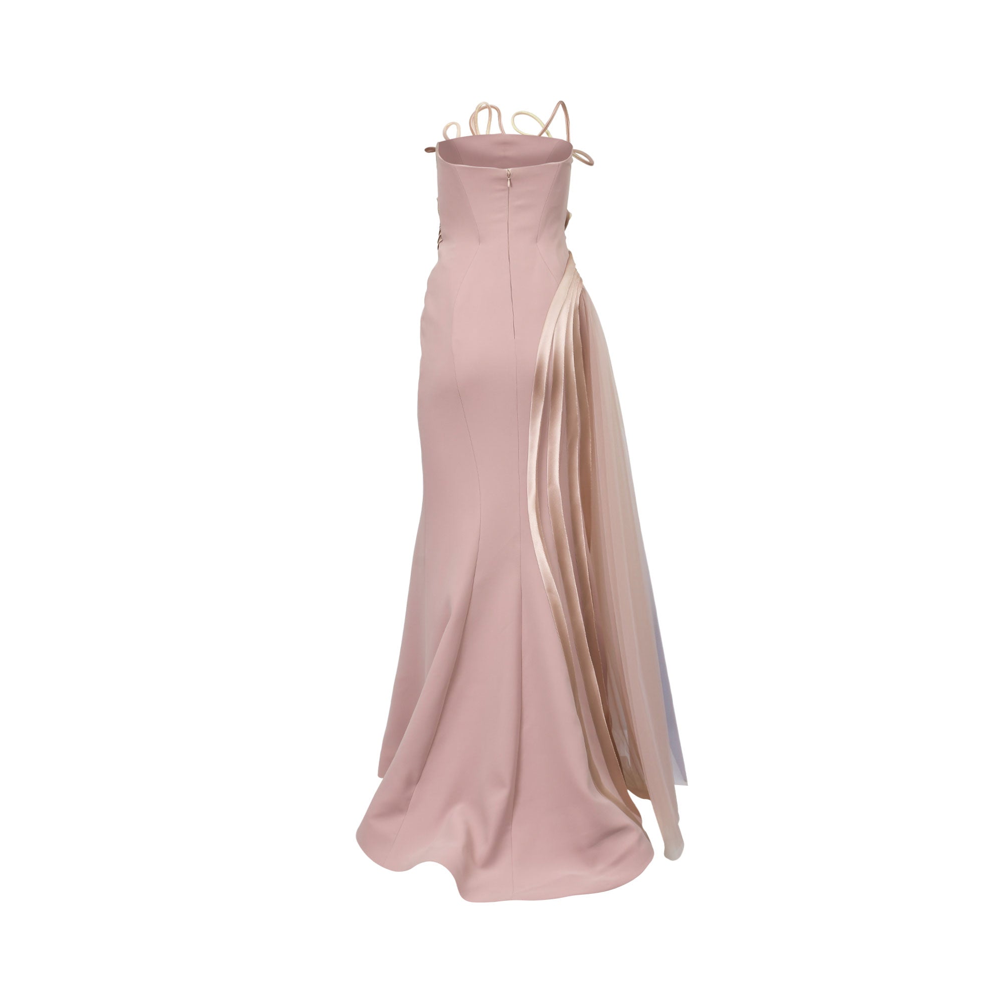 Pink strapless gown with thin gold-toned straps, back zipper, and a pleated satin panel with a sheer overlay on the right sid