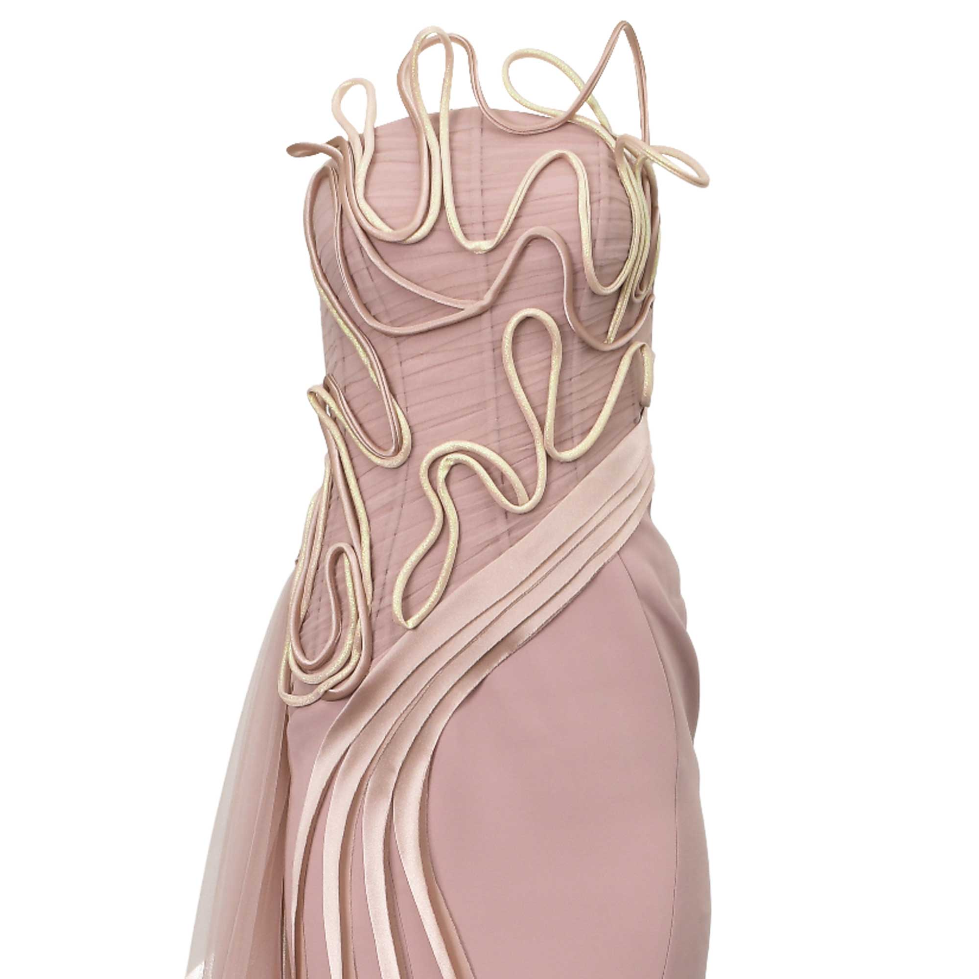 Pink strapless dress with a ruched bodice, wavy gold-toned cord embellishments, and draped satin-like fabric strips.
