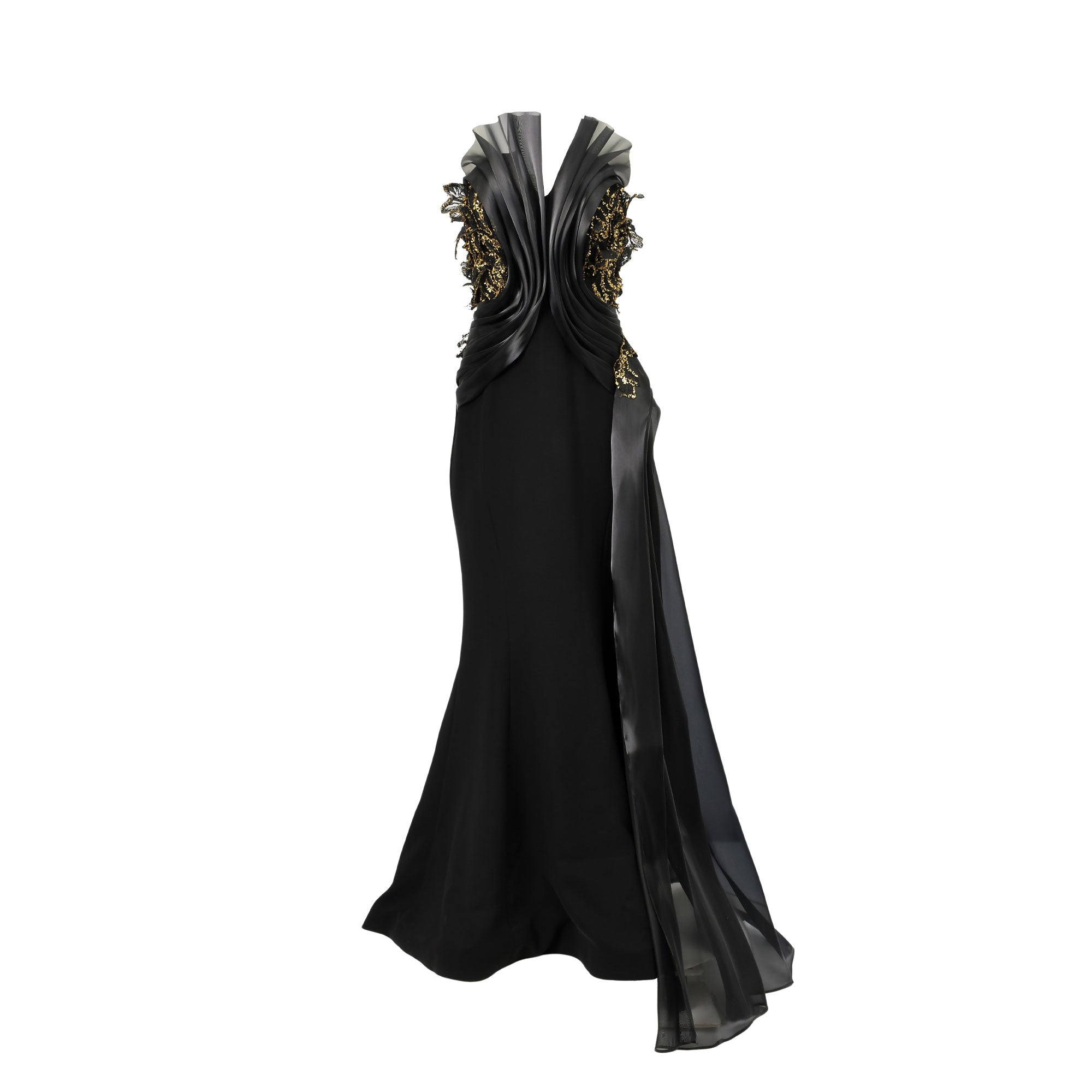 Black strapless V-neck gown with ruched bodice, gold-toned embroidery, sheer layered neckline trim, and a flowing side panel.