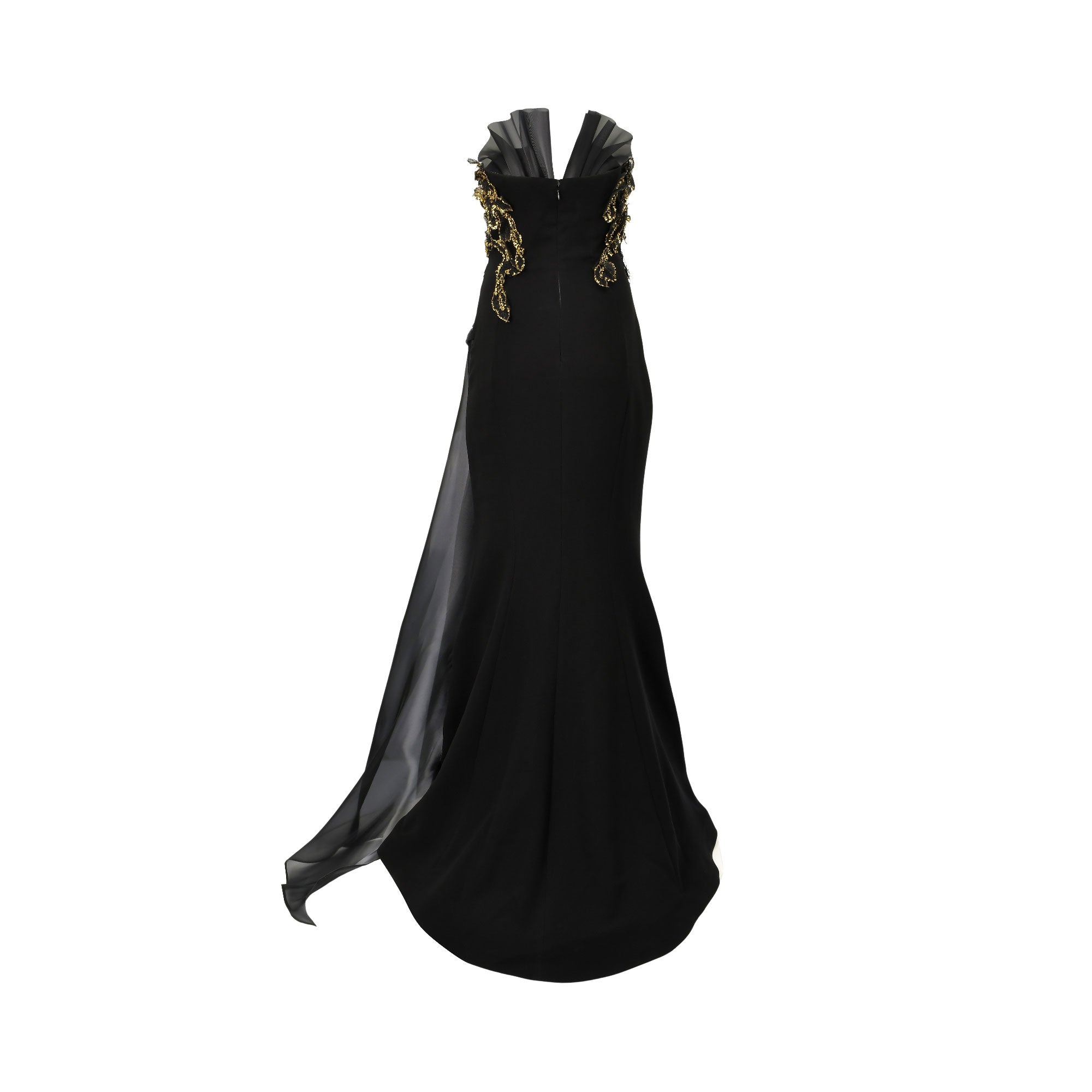 Black strapless mermaid dress with gold-toned bodice embroidery, ruffled sheer V-back, and a sheer flowing overlay.