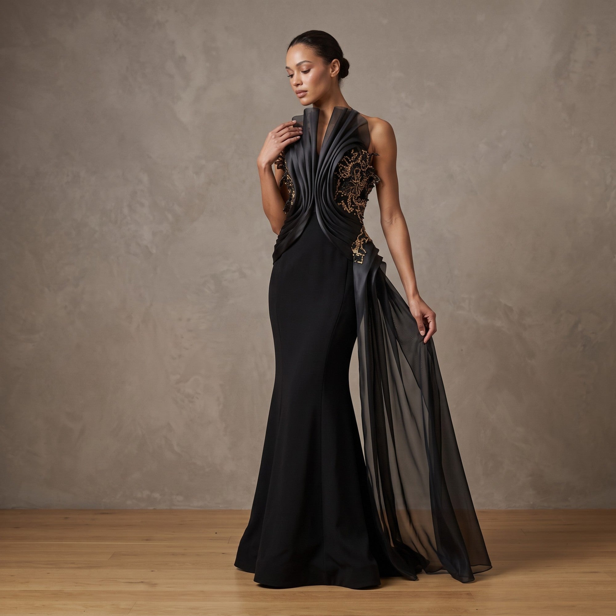 Black sleeveless mermaid gown with pleated bodice, gold-toned embellishments, and a sheer side drape.