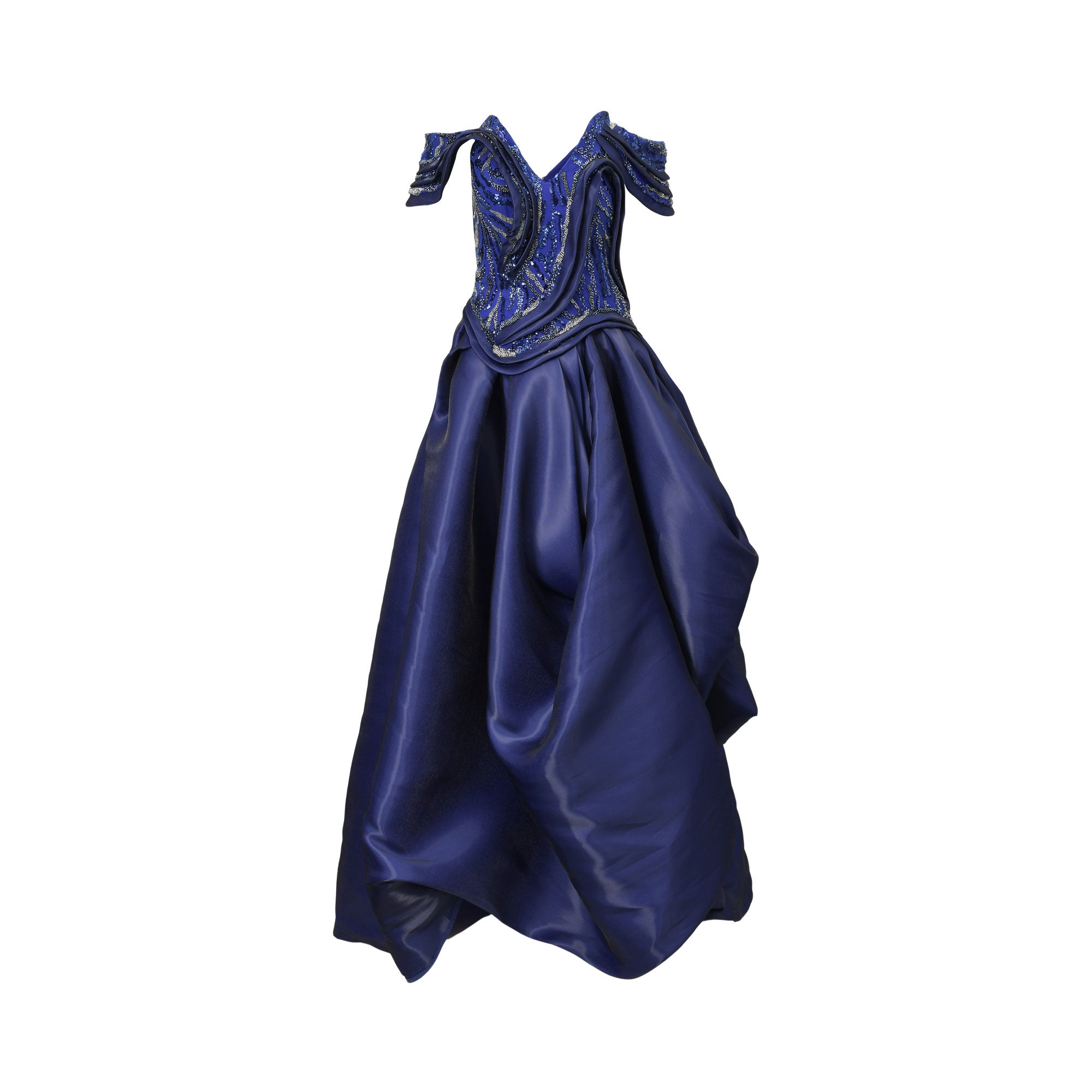 Deep blue off-shoulder long dress with an embellished V-neck bodice and a voluminous, draped satin-like skirt.