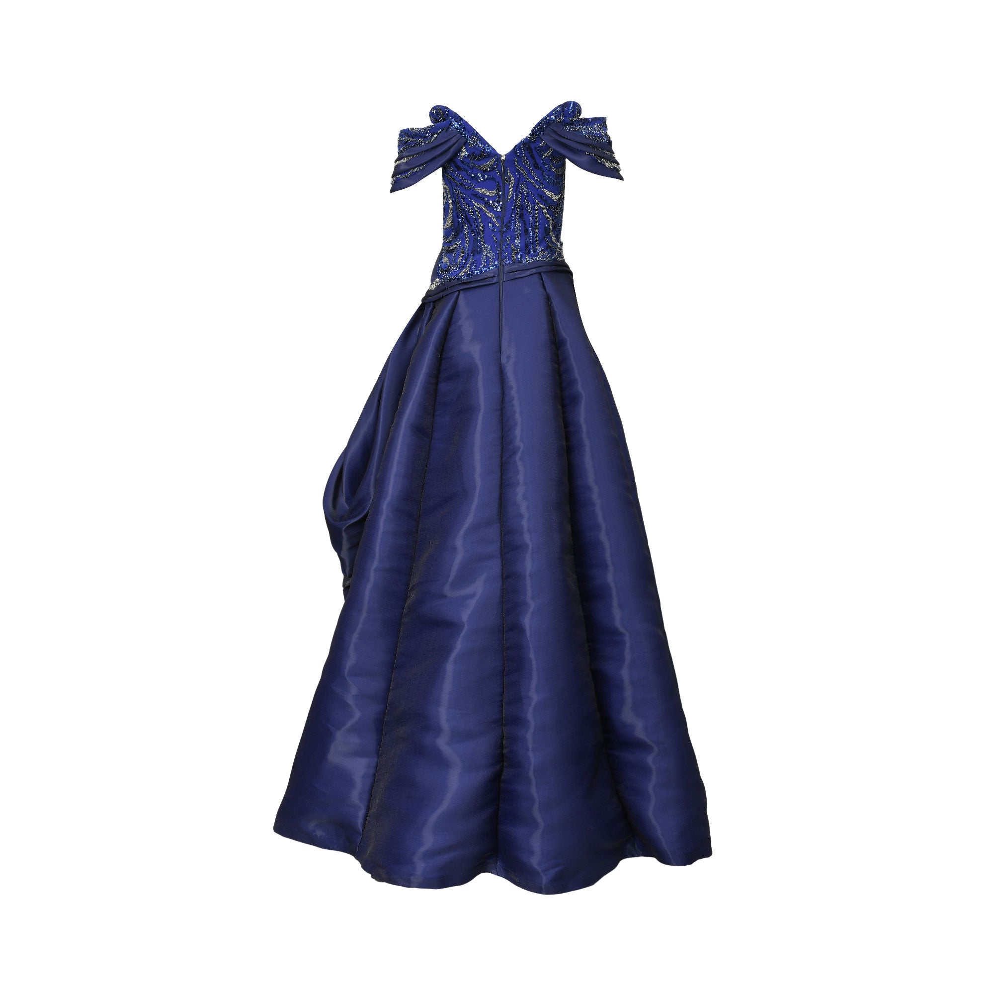 Dress blue off-the-shoulder gown with a V-neck, heavily beaded blue and silver-toned bodice, and a full, floor-length satin s