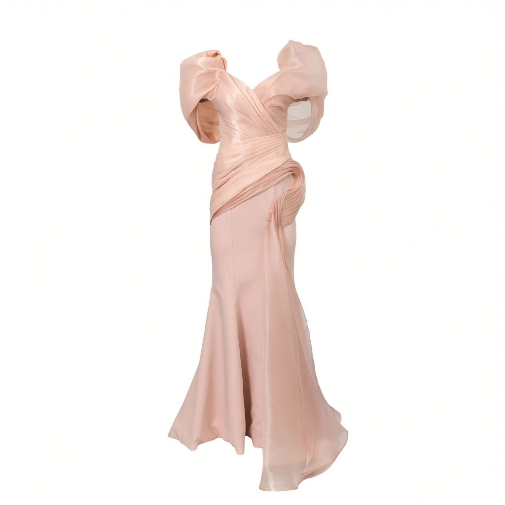 Pink floor-length gown with voluminous puffed off-shoulder sleeves, a draped and ruched bodice, and a mermaid skirt.